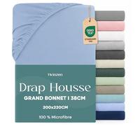 Twinzen Drap Housse 200x220 Bonnet 35 cm pour Matelas Épais - 100% Polyester Microfibre Brossée - Bleu, Certifié Oeko Tex, Drap Housse avec Élastique Complet