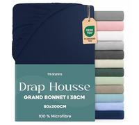 Twinzen Drap Housse 80x190 / 200 Bonnet 35 cm pour Matelas Épais - 100% Polyester Microfibre Brossée - Bleu foncé, Certifié Oeko Tex, Drap Housse avec Élastique Complet
