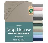 Twinzen Drap Housse 80x190 / 200 Bonnet 35 cm pour Matelas Épais - 100% Polyester Microfibre Brossée - Lin, Certifié Oeko Tex, Drap Housse avec Élastique Complet