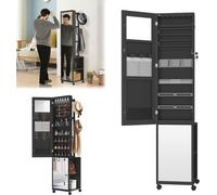 TWOLIIN Miroir armoire à bijoux Rangement pour bijoux avec lampes LED et serrure de sécurité Armoire à glace sur pied 3 en 1 avec roulettes et étagères 36 x 40 x 170 cm Noir