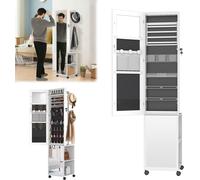 TWOLIIN Miroir armoire à bijoux Rangement pour bijoux avec lampes LED et serrure de sécurité Armoire à glace sur pied 3 en 1 avec roulettes et étagères 36 x 40 x 170 cm Blanc