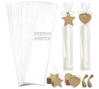 TXXATX 200 Pièces Sachet Cellophane Transparent 5x25 cm - Kit d'Emballage pour Bougies, Bijoux, Chocolats et Fêtes - Inclut 200 Sachets, 100 Étiquettes Cadeaux en Papier Kaft et 40 m Ficelle en Jute