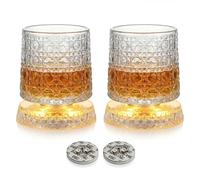 TYHBRV Lot de 2 verres à whisky avec base lumineuse LED, rotatifs à 360°, verres à l'ancienne, dessous de verre chauds et lumineux pour bourbon, scotch, cadeaux d'anniversaire pour homme, mari, bar