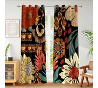 Tyrot Lot de 2 Rideaux 100% occultants à Isolation Thermique avec œillets, Motif Floral bohème Style Mid-Century Rustique, pour Salon, Chambre à Coucher, l 132 x L 213 cm, Noir
