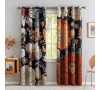 Tyrot Lot de 2 Rideaux 100% occultants à Isolation Thermique avec œillets, Motif Floral bohème Style Mid-Century, pour Salon, Chambre à Coucher, l 132 x L 244 cm, Noir