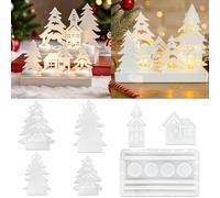 TZEKING 7 Pièces Moules en Silicone,Noël 3D Moules pour Bougies Arbre,Moule Bougie Maisonavec Base,Moule pour Bougeoir et Plâtre,pour Moulage de Maisons et Arbres
