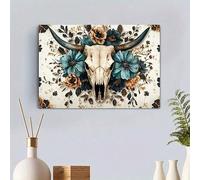 TZKBDMA Tableau vintage sur toile, affiche décorative rustique chic avec crâne de vache et fleurs, pour salon ou salle de bain (80 x 120 cm/sans cadre)