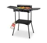 TZS First Austria - Barbecue Électrique sur Pied 2200W - Grill 2-en-1 avec Pare-vent - Thermostat Réglable - Cuisson sans Fumée avec 2 Tablettes Latérales - Noir