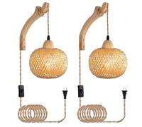 TZSMUM Intérieur E27 Applique Murale avec Prise et Interrupteur Lampe Murale Bois Luminaire Mural Vintage Rotin Bambou Lanterne Abat Jour Éclairage Mural pour Salon Chambre Couloir (2 Pièces)