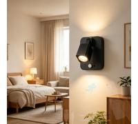 TZSMUM Intérieur Moderne LED Éclairages Murales avec Télécommande Dimmable Applique Murale avec Détecteur de Mouvement Lampe Murale USB Rechargeable 350° Rotation pour Couloir (Noir)
