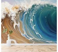 Tzxztt 3D Papier Peint Abstrait Bleu Jaune Vagues Art | Tissu en Soie Véritable à la Texture Raffinée Adapté au Salon Chambre Bureau Salle Manger et Mur Derrière le TV-250cm×170cm