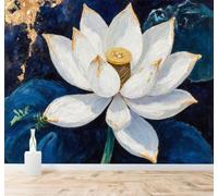 Tzxztt 3D Papier Peint Lotus Blanc Touches Dorées Abstrait Bleu | Tissu en Soie Véritable à la Texture Raffinée Adapté au Salon Chambre Bureau Salle Manger et Mur Derrière le TV-430cm×300cm