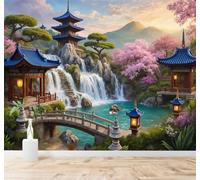 Tzxztt Beauté Jardin Pagode Cascade Cerisiers En Fleurs Papier Peint 3D Moderne Soie Texturée Haut De Gamme Idéal Pour Le Salon Et La Chambre à Coucher-350cm×256cm