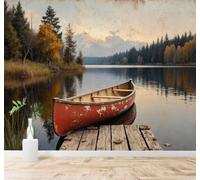 Tzxztt Canoë Lac De Campagne Forêt En Automne Reflets Ponton En Bois Papier Peint 3D Moderne Soie Texturée Haut De Gamme Idéal Pour Le Salon Et La Chambre à Coucher-300cm×210cm