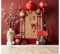 Tzxztt En Relief Magnifique Fleurs De Cerisier Lanternes Rouges Vase Papier Peint 3D Moderne Soie Texturée Haut De Gamme Idéal Pour Le Salon Et La Chambre à Coucher-300cm×210cm