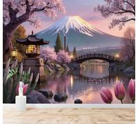 Tzxztt Esthétique Montagne Enneigée Cerisier En Fleurs Pont En Bois Lanternes Flottantes Papier Peint 3D Moderne Soie Texturée Haut De Gamme Idéal Pour Le Salon Et La Chambre à Coucher-350cm×256cm