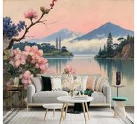 Tzxztt Fleurs De Cerisier Lac Montagnes Ciel Rose Reflets Papier Peint 3D Moderne Soie Texturée Haut De Gamme Idéal Pour Le Salon Et La Chambre à Coucher-350cm×256cm