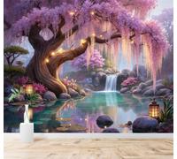 Tzxztt Lac Paisible Beauté Cerisiers En Fleurs Lanternes Cascade Papier Peint 3D Moderne Soie Texturée Haut De Gamme Idéal Pour Le Salon Et La Chambre à Coucher-300cm×210cm