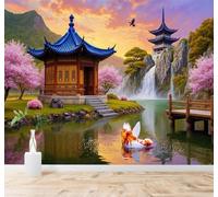 Tzxztt Magnifique Cerisiers En Fleurs Cascade Bassin À Carpes Koï Paysage Naturel Paisible Papier Peint 3D Moderne Soie Texturée Haut De Gamme Idéal Pour Le Salon Et La Chambre à Coucher-250cm×170cm