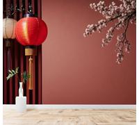Tzxztt Minimaliste Grille Rouge Lanternes Rouges Fleurs De Cerisier Chaleur Papier Peint 3D Moderne Soie Texturée Haut De Gamme Idéal Pour Le Salon Et La Chambre à Coucher-300cm×210cm