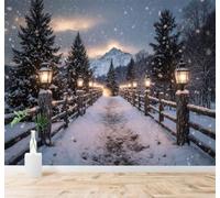 Tzxztt Montagnes Enneigées Sentier Pins Lumières Chaleureuses Lanternes Papier Peint 3D Moderne Soie Texturée Haut De Gamme Idéal Pour Le Salon Et La Chambre à Coucher-350cm×256cm