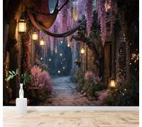 Tzxztt Rétro Architecture Lanternes Fleurs Violettes Vue De Nuit Papier Peint 3D Moderne Soie Texturée Haut De Gamme Idéal Pour Le Salon Et La Chambre à Coucher-300cm×210cm