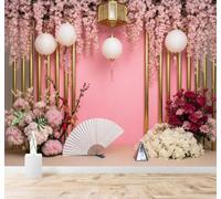 Tzxztt Rose Fleurs De Cerisier Lanternes En Papier Doré Colonnes Papier Peint 3D Moderne Soie Texturée Haut De Gamme Idéal Pour Le Salon Et La Chambre à Coucher-400cm×280cm