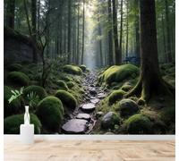 Tzxztt Soleil Mousse Forêt Arbres Verts Sentier Papier Peint 3D Moderne Soie Texturée Haut De Gamme Idéal Pour Le Salon Et La Chambre à Coucher-400cm×280cm