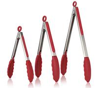 U-Taste Pince Cuisine Lot de 3 Pinces Barbecue en 18/8 Acier Inoxydable Ustensiles Cuisine avec Poignée Silicone Résistante à La Chaleur 315℃ Pince Buffet Anti-adhé, sans BPA (Rouge)