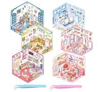 UBERMing 6 Set Autocollants 3D Scene, DIY Stickers Scène Miniature 3D Fabrique à Sticker, Autocollant de Scène de Cabine de Dessin Animé avec 2 Pince à Épiler pour Adultes et Enfants (Style 4)