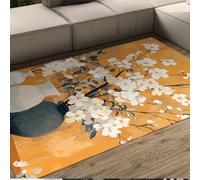 UERWOWELL Tapis Style Chinois Nature Morte Fleur Prunier Blanche Vase céramique Fond Jaune Lavable Tapis Poil Ras intérieur carpette Salon 160x230cm