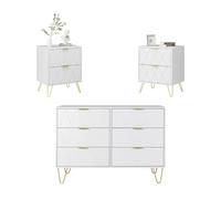 UEV Ensemble de 3 Meubles de Chambre Blanc, Commode avec 6 Tiroirs et Ensemble de 2 Tables de Chevet, Motif Ligne, Poignées et Pieds Dorés, Scandinave pour Salon, Chambre