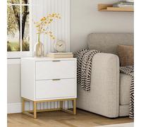 UEV Lot de 2 Tables de Chevet, Tables de Nuit avec Deux Tiroirs, Table d'Appoint avec Pieds Métal, Bout de Canapé, Motif de Ligne, pour Chambre à Coucher, Salon, Bureau, Blanc