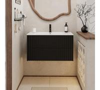 UEV Meuble Salle de Bain 90cm, Meuble Suspendu avec Lavabo en Céramique, Deux Tiroirs avec Grand Espace de Rangement, Poignée Cachée, Motif de Ligne, 90 x 45 x 50cm, Noir