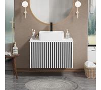 UEV Meuble Salle de Bain, Meuble Suspendu 80cm avec Vasque à Poser, Lavabo en Céramique, Deux Tiroirs avec Grand Espace de Rangement, Motif de Ligne, 80 x 45 x 50 cm, Blanc
