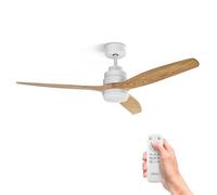 UFESA CFNP Ventilateur de Plafond avec Lumière, 40W, 6 Vitesses, Silencieux, 3 Pales en bois Naturel 132cm, Fonction été - hiver, Minuterie 8h, 3 Niveaux de Lumière, Télécommande, Blanc-Bois Clair