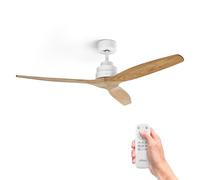 Ufesa Ventilateur de Plafond CFTB, 40W, 6 Vitesses, Ultra Silencieux, 3 Pales en Bois Naturel 132cm, Fonction été - hiver, Minuterie 8h, Télécommande, Blanc - Bois Clair