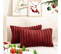 Uhomy Lot de 2 housses de coussin décoratives de Noël en fausse fourrure rouge et peluche rouge pour Noël, housses de coussin décoratives rayées et moelleuses, taie d'oreiller douce et pelucheuse pour