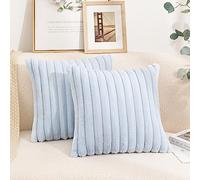 Uhomy Lot de 2 housses de coussin décoratives en fausse fourrure moelleuse, rayées bleu clair, pour canapé, salon, chambre à coucher, 40x40 cm (16x16 pouces), bleu lac