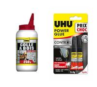 UHU Colle à bois express - Plus forte que le bois, résistante à l'humidité, D2, sans solvants & Power glue liquide control - colle extra forte, instantanée, technologie anti-goutte