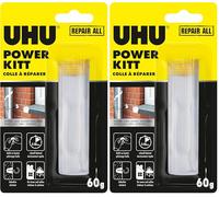 UHU Colle à réparer Powerkitt universel - Pâte époxy pétrissable 2 composants ultra rapide et solide pour coller, combler, étanchéifier, réparer, intérieur et extérieur, Gris, 60g (Lot de 2)