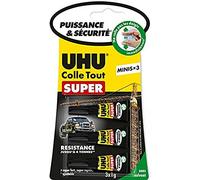 UHU Colle Tout Super - Colle Extra-Forte - Colle Universelle Tous Supports - Prise Rapide & Ajustable - Résiste à l'Humidité - Utilisable de -50°C à +100°C - Formule Brevetée - Transparente - 3 x 1 g