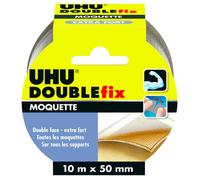 UHU Doublefix - Ruban Adhésif Double Face Moquette/Tapis - Fixation Extra-Forte et Durable- Multi-Supports : Métal, Carrelage, Plastique, Verre, Bois, Plâtre, Pierre -Blanc - Rouleau de 10 m x 50 mm