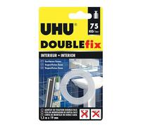 UHU Doublefix - Ruban Adhésif Double Face intérieur | Extra-Forte 75 kg/rouleau - Multi-Supports : Métal, Carrelage, Plastique, Verre, Bois, Pierre - Blanc - 1.5 m x 19 mm