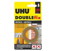 UHU Doublefix - Ruban Adhésif Double Face Universel Intérieur/Extérieur | Extra-Fort 120 kg / rouleau - Multi-Supports : Métal, Carrelage, Verre, Bois, Pierre - Blanc - 1,50 m x 19 mm