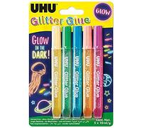 UHU Colle pailletée "Glow in the Dark" - Brille dans le noir - Lavable à l'eau - Multicolore 6x10 ml