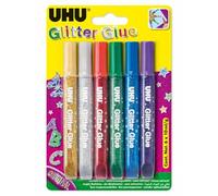 UHU Glitter Glue - Originale - Colle Pailletée Loisirs Créatifs - Adaptée Enfants, Scrapbooking Et Décoration - Lavable À L'Eau - Multicolore - 6 Tubes 10 ml