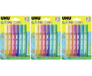 UHU Glitter Glue Shiny - Idéale loisir créatif, formule adaptée pour les enfants, lavable, multicolore, 6 tubes 10ml (Lot de 3)