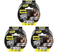 UHU Grizzly tape - Ruban adhésif toilé waterproof pour réparer, consolider, colmater, connecter, ultra fort et durable, gris, 10mx50mm, Paquet de 3