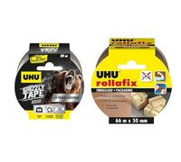 UHU Grizzly tape - Ruban adhésif toilé waterproof pour réparer, consolider, colmater, connecter, ultra fort et durable, gris, 10mx50mm & Rollafix - Ruban adhésif d'emballage brun, 66m x 50mm